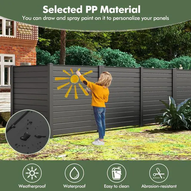 Alt view image 6 of 6 - Outdoor Privacy Screen 4 Panels, 48''W x 48''H Decorative Air Conditioner Fence Trash Can Enclosure with Stakes, Easy Assembly, PP Vinyl Picket Fences for Garden Patio Lawn, Black