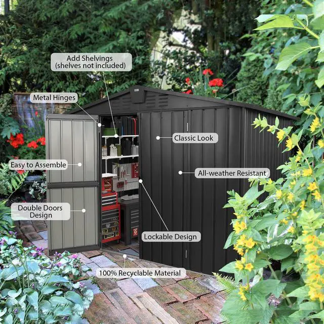 Alt view image 2 of 6 - Domi Outdoor Storage Shed 5.7'x 3', Metal Garden Shed for Bike, Trash Can, Tools, Lawn Mowers, Pool Toys, Galvanized Steel Outdoor Storage Cabinet with Lockable Door for Backyard, Patio, Lawn