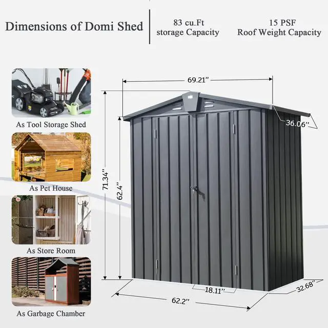 Alt view image 3 of 6 - Domi Outdoor Storage Shed 5.7'x 3', Metal Garden Shed for Bike, Trash Can, Tools, Lawn Mowers, Pool Toys, Galvanized Steel Outdoor Storage Cabinet with Lockable Door for Backyard, Patio, Lawn