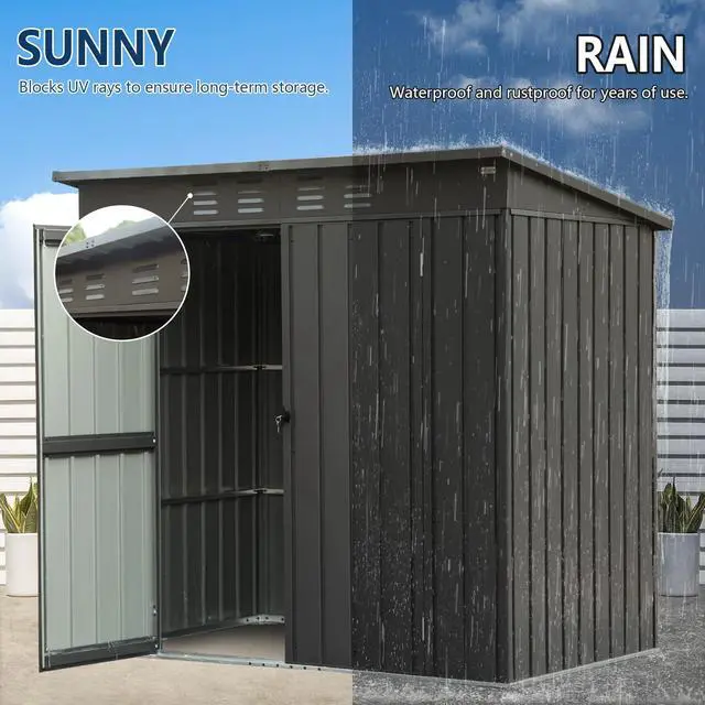 Alt view image 3 of 6 - Domi 6 x 4 FT Outdoor Storage Shed, Metal Garden Shed for Bike, Trash Can, Tool, Lawn Mowers, Pool Toys, Lockable Outdoor Storage Cabinet Galvanized Steel for Backyard, Patio, Lawn Dark Gray