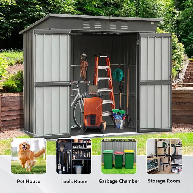 Alt view image 5 of 6 - Domi 6 x 4 FT Outdoor Storage Shed, Metal Garden Shed for Bike, Trash Can, Tool, Lawn Mowers, Pool Toys, Lockable Outdoor Storage Cabinet Galvanized Steel for Backyard, Patio, Lawn Dark Gray