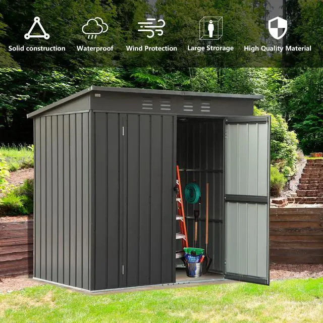 Alt view image 6 of 6 - Domi 6 x 4 FT Outdoor Storage Shed, Metal Garden Shed for Bike, Trash Can, Tool, Lawn Mowers, Pool Toys, Lockable Outdoor Storage Cabinet Galvanized Steel for Backyard, Patio, Lawn Dark Gray