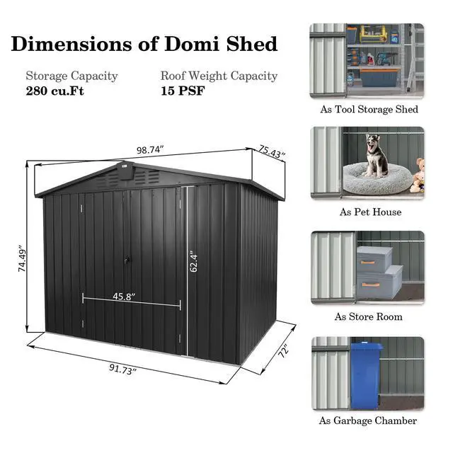 Alt view image 3 of 6 - Domi Outdoor Storage Shed 8.2'x 6.2', Metal Garden Shed for Bike, Trash Can, Tools, Lawn Mowers, Pool Toys, Galvanized Steel Outdoor Storage Cabinet with Lockable Door for Backyard, Patio, Lawn