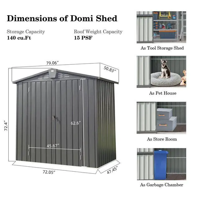 Alt view image 3 of 6 - Domi Outdoor Storage Shed 6.5'x 4.2', Metal Garden Shed for Bike, Trash Can, Tools, Lawn Mowers, Pool Toys, Galvanized Steel Outdoor Storage Cabinet with Lockable Door for Backyard, Patio, Lawn
