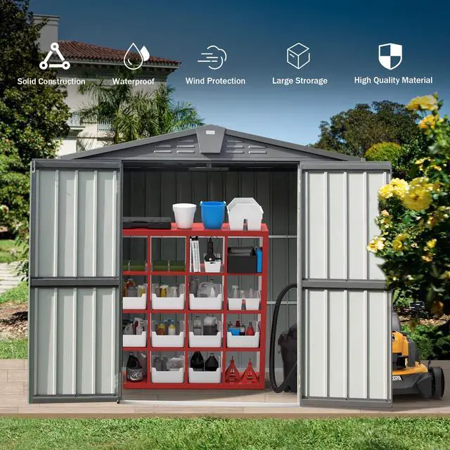 Alt view image 4 of 6 - Domi Outdoor Storage Shed 6.5'x 4.2', Metal Garden Shed for Bike, Trash Can, Tools, Lawn Mowers, Pool Toys, Galvanized Steel Outdoor Storage Cabinet with Lockable Door for Backyard, Patio, Lawn