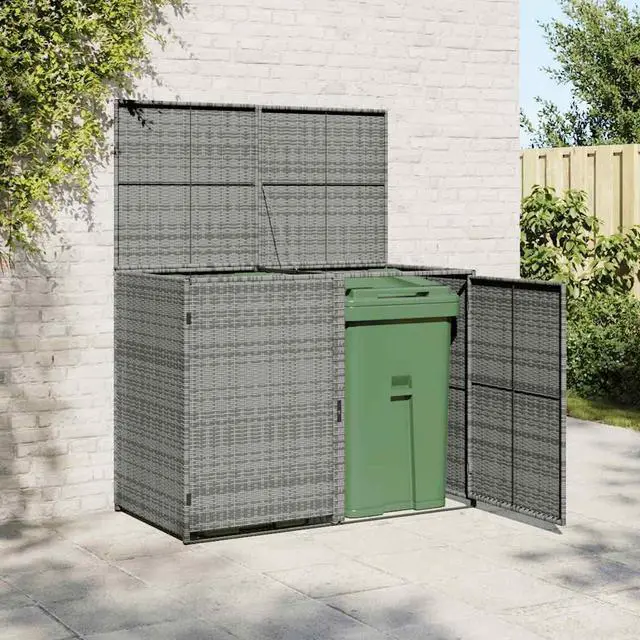 Alt view image 2 of 6 - Garbage Can Shed, Trash Bin Shed, Double Wheelie Bin Storage, Outdoor Garbage Can Enclosure for Garden Patio Backyard, Anthracite Poly Rattan