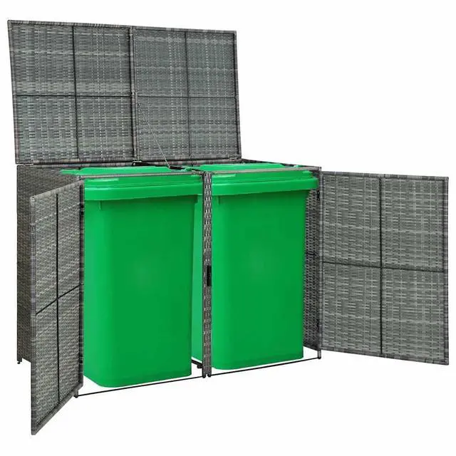 Alt view image 5 of 6 - Garbage Can Shed, Trash Bin Shed, Double Wheelie Bin Storage, Outdoor Garbage Can Enclosure for Garden Patio Backyard, Anthracite Poly Rattan
