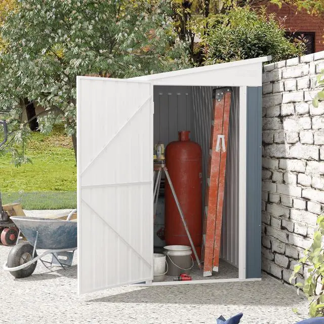 Main image of 4' x 8' Metal Outdoor Storage Shed, Lean to Storage Shed, Garden Tool Storage House with Lockable Door and 2 Air Vents for Backyard, Patio, Lawn, Dark Gray