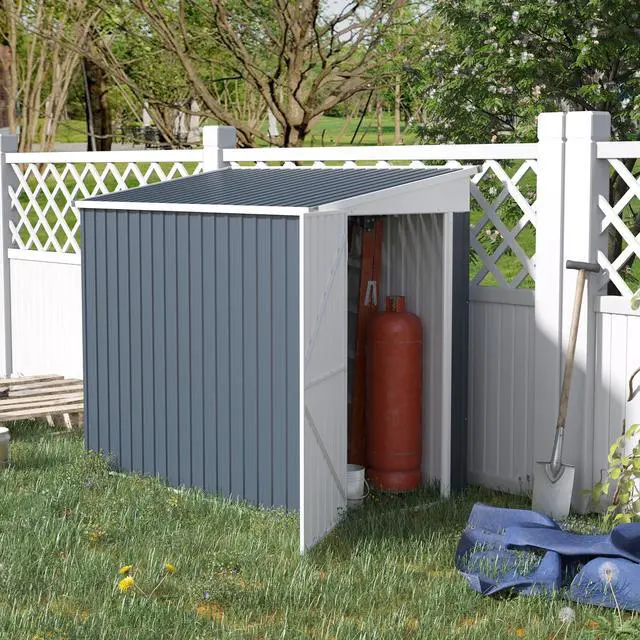 Alt view image 2 of 6 - 4' x 8' Metal Outdoor Storage Shed, Lean to Storage Shed, Garden Tool Storage House with Lockable Door and 2 Air Vents for Backyard, Patio, Lawn, Dark Gray