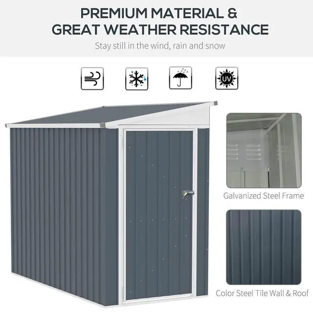 Alt view image 3 of 6 - 4' x 8' Metal Outdoor Storage Shed, Lean to Storage Shed, Garden Tool Storage House with Lockable Door and 2 Air Vents for Backyard, Patio, Lawn, Dark Gray