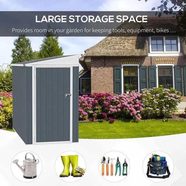 Alt view image 4 of 6 - 4' x 8' Metal Outdoor Storage Shed, Lean to Storage Shed, Garden Tool Storage House with Lockable Door and 2 Air Vents for Backyard, Patio, Lawn, Dark Gray