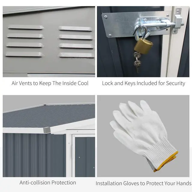 Alt view image 5 of 6 - 4' x 8' Metal Outdoor Storage Shed, Lean to Storage Shed, Garden Tool Storage House with Lockable Door and 2 Air Vents for Backyard, Patio, Lawn, Dark Gray