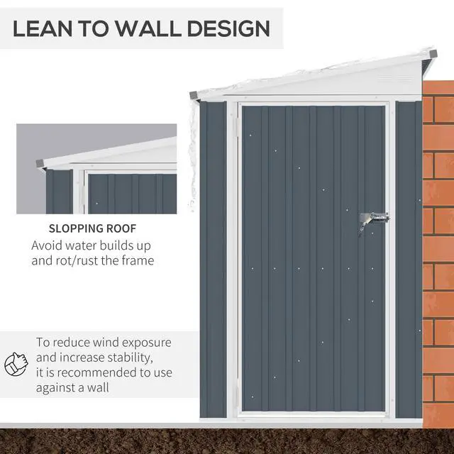 Alt view image 6 of 6 - 4' x 8' Metal Outdoor Storage Shed, Lean to Storage Shed, Garden Tool Storage House with Lockable Door and 2 Air Vents for Backyard, Patio, Lawn, Dark Gray