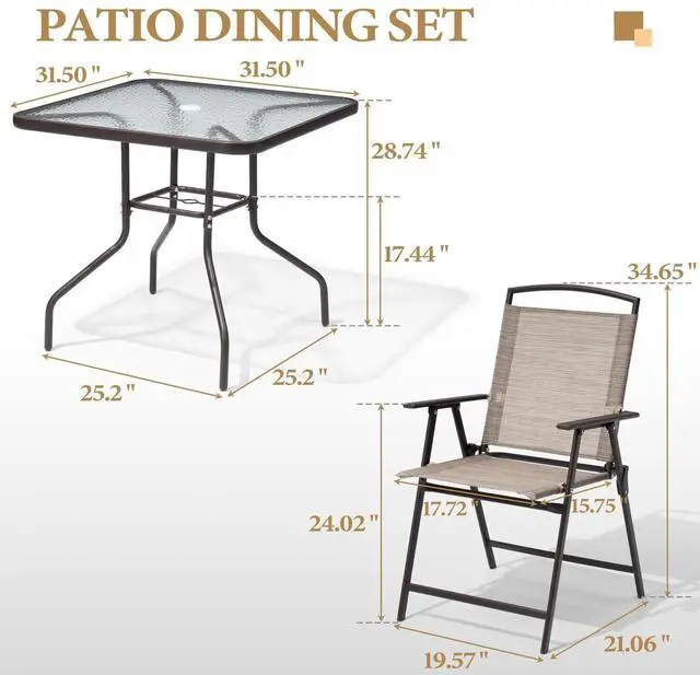 Alt view image 2 of 6 - 5 Piece Patio Dining Set with 4 Folding Chairs and Table Outdoor Dining Furniture with Square Glass Tabletop, Umbrella Hole for Bistro, Garden, Backyard, Deck (Beige)