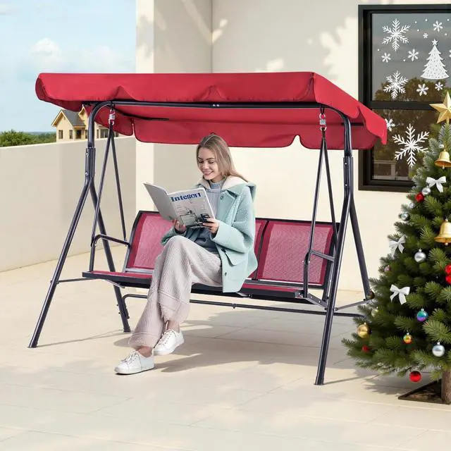 Alt view image 2 of 6 - Outdoor Patio Canopy Swing Chair 3-Person, Steel Frame Textilence Seats Swing Glider, 4507 (Burgundy)