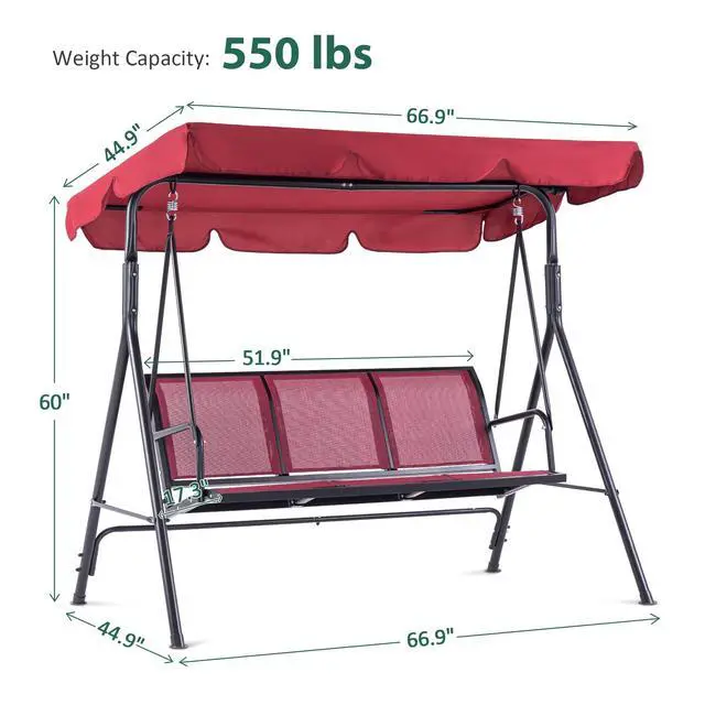 Alt view image 4 of 6 - Outdoor Patio Canopy Swing Chair 3-Person, Steel Frame Textilence Seats Swing Glider, 4507 (Burgundy)