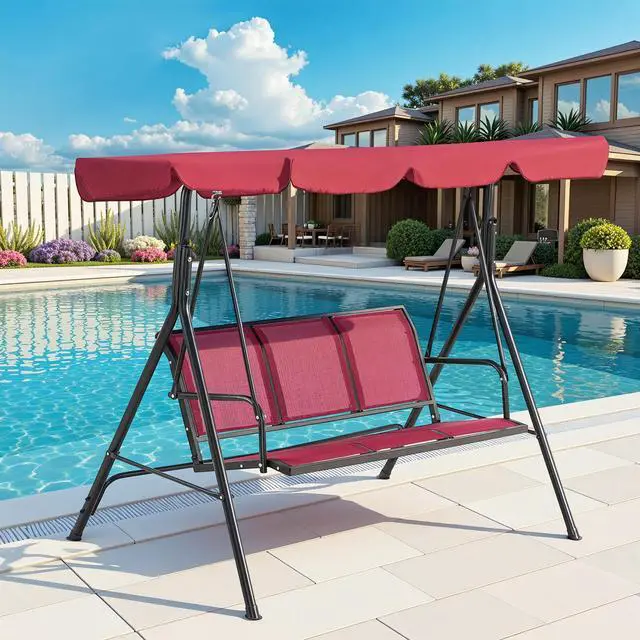 Alt view image 5 of 6 - Outdoor Patio Canopy Swing Chair 3-Person, Steel Frame Textilence Seats Swing Glider, 4507 (Burgundy)