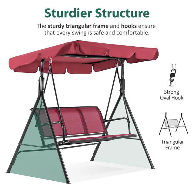 Alt view image 6 of 6 - Outdoor Patio Canopy Swing Chair 3-Person, Steel Frame Textilence Seats Swing Glider, 4507 (Burgundy)