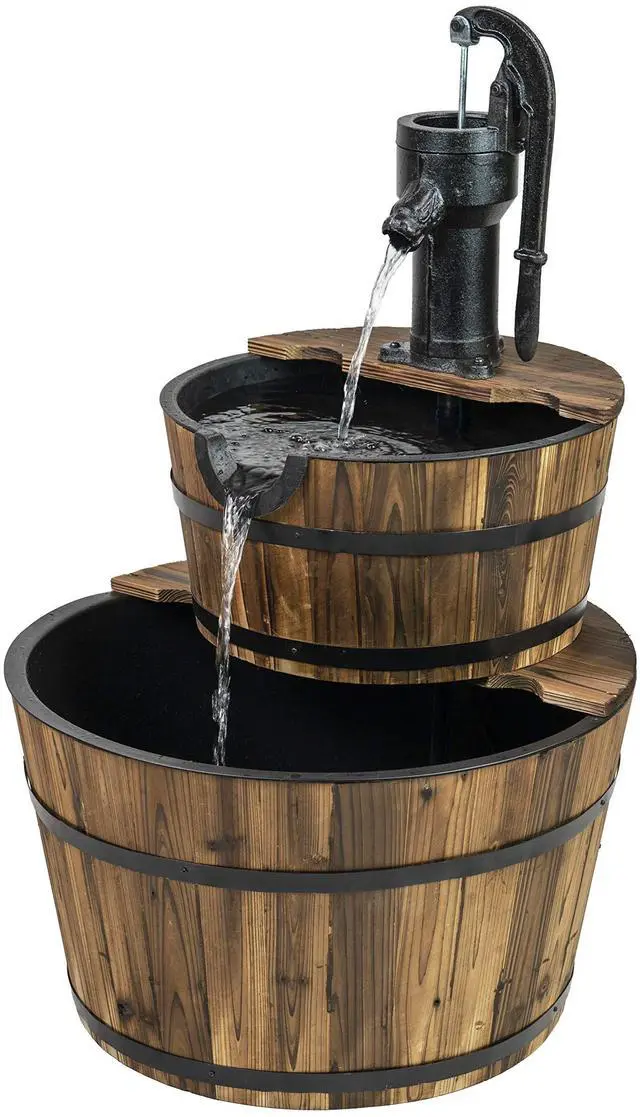 Main image of 2-Tier Rustic Outdoor Fountain, 24in. Wide Garden Decor Water Fountain with Submersible Electric Pump and Cast Iron Hand Pump Accessory for Patio, Garden, and Yard