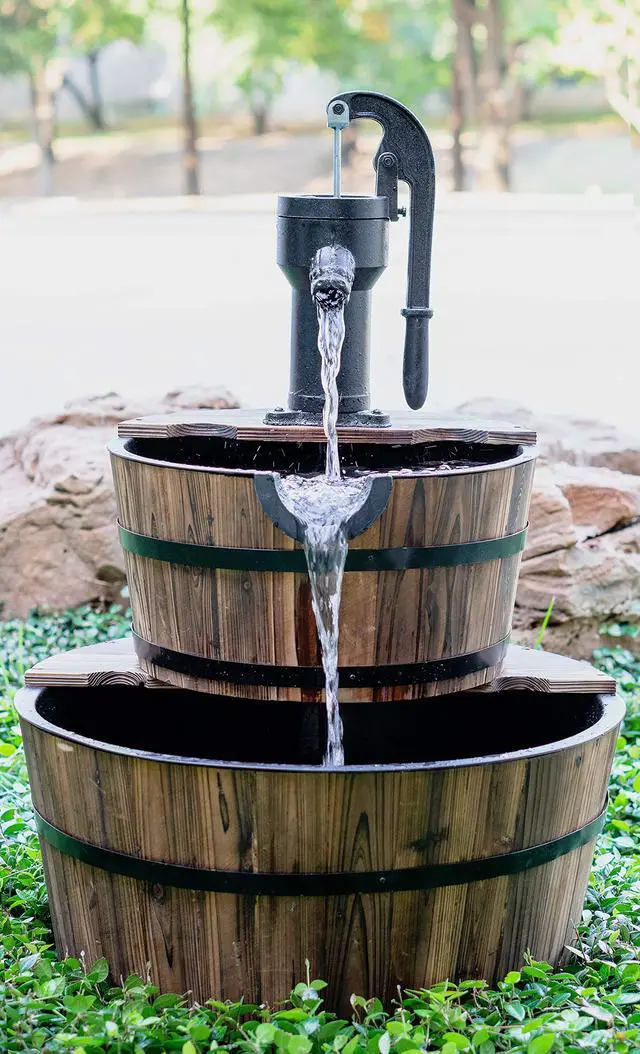 Alt view image 2 of 5 - 2-Tier Rustic Outdoor Fountain, 24in. Wide Garden Decor Water Fountain with Submersible Electric Pump and Cast Iron Hand Pump Accessory for Patio, Garden, and Yard