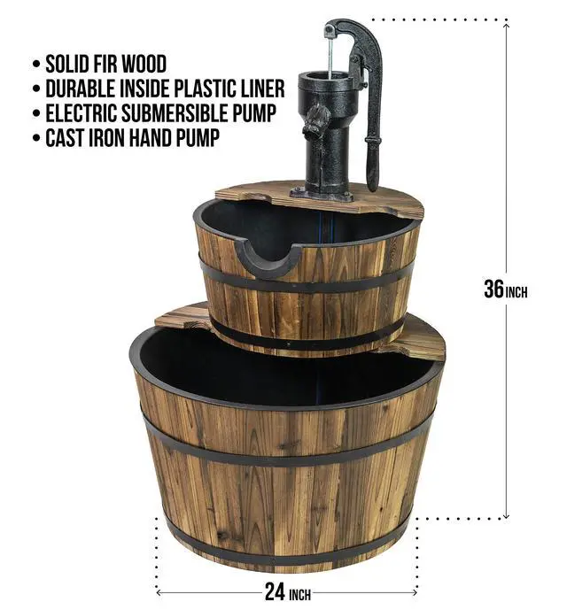 Alt view image 3 of 5 - 2-Tier Rustic Outdoor Fountain, 24in. Wide Garden Decor Water Fountain with Submersible Electric Pump and Cast Iron Hand Pump Accessory for Patio, Garden, and Yard