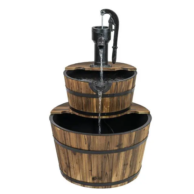 Alt view image 4 of 5 - 2-Tier Rustic Outdoor Fountain, 24in. Wide Garden Decor Water Fountain with Submersible Electric Pump and Cast Iron Hand Pump Accessory for Patio, Garden, and Yard