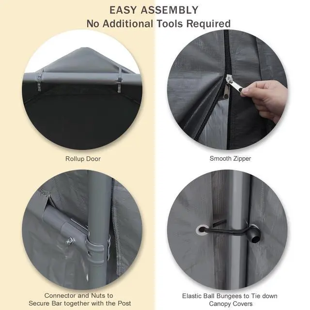 Alt view image 2 of 6 - Storage Shelter, 6x8 ft Portable Shed Outdoor Carport with Roll-up Zipper Door, Waterproof and UV Resistant Outdoor Storage Shed for Bike, ATV, Motorcycle Shelter, Gray