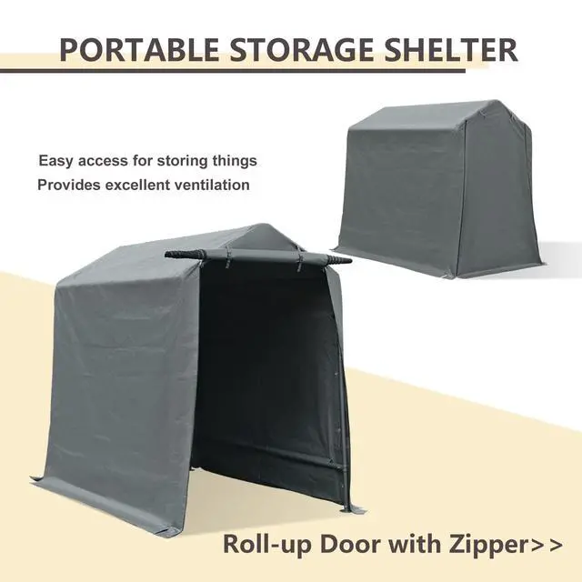 Alt view image 3 of 6 - Storage Shelter, 6x8 ft Portable Shed Outdoor Carport with Roll-up Zipper Door, Waterproof and UV Resistant Outdoor Storage Shed for Bike, ATV, Motorcycle Shelter, Gray
