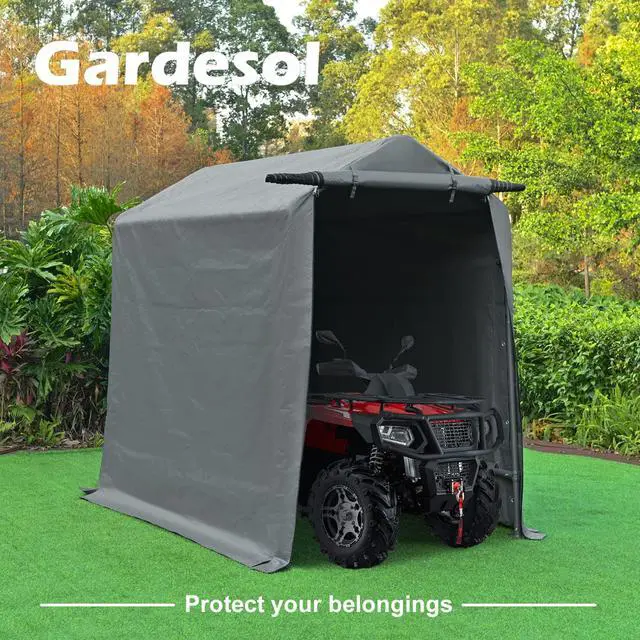 Alt view image 4 of 6 - Storage Shelter, 6x8 ft Portable Shed Outdoor Carport with Roll-up Zipper Door, Waterproof and UV Resistant Outdoor Storage Shed for Bike, ATV, Motorcycle Shelter, Gray