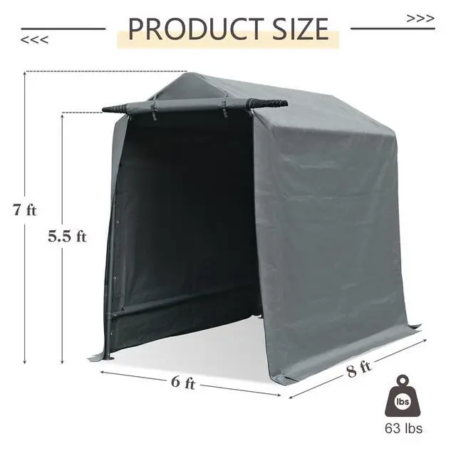 Alt view image 5 of 6 - Storage Shelter, 6x8 ft Portable Shed Outdoor Carport with Roll-up Zipper Door, Waterproof and UV Resistant Outdoor Storage Shed for Bike, ATV, Motorcycle Shelter, Gray