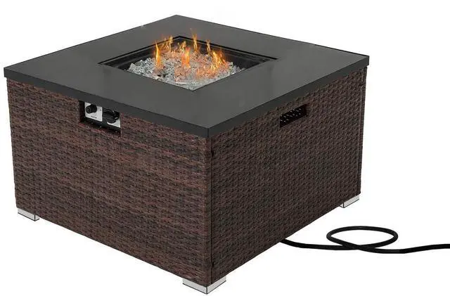 Main image of Propane Patio Fire Pit Table, Lava Rocks and Rain Cover for Outdoor Leisure Party,40,000 BTU, Tank Outside, 32-inch Square Dark Brown Wicker Fire Table