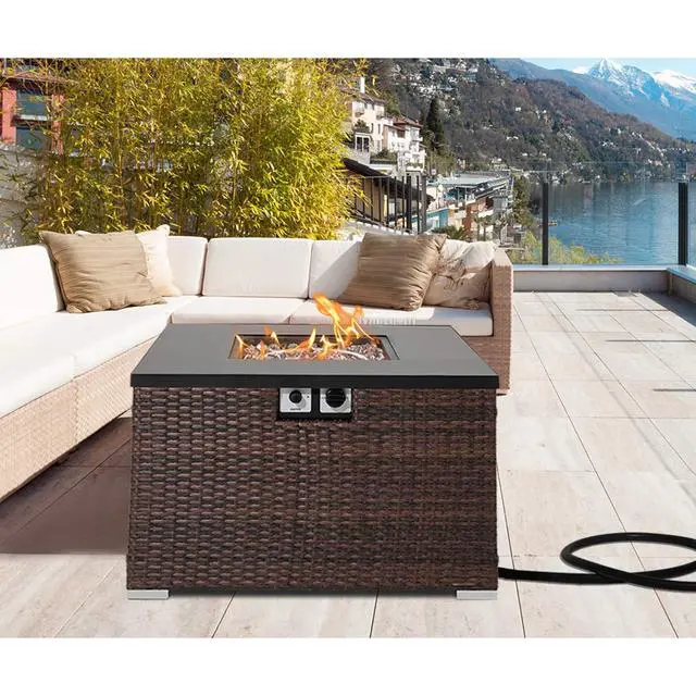 Alt view image 2 of 6 - Propane Patio Fire Pit Table, Lava Rocks and Rain Cover for Outdoor Leisure Party,40,000 BTU, Tank Outside, 32-inch Square Dark Brown Wicker Fire Table
