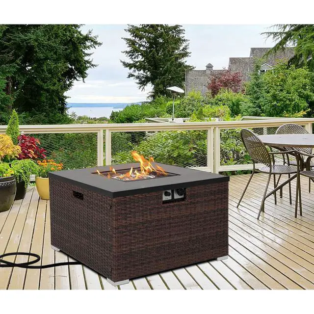 Alt view image 3 of 6 - Propane Patio Fire Pit Table, Lava Rocks and Rain Cover for Outdoor Leisure Party,40,000 BTU, Tank Outside, 32-inch Square Dark Brown Wicker Fire Table