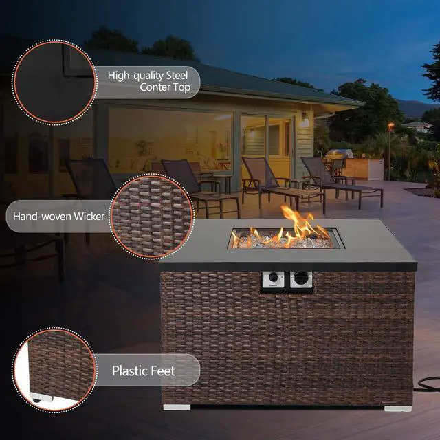 Alt view image 4 of 6 - Propane Patio Fire Pit Table, Lava Rocks and Rain Cover for Outdoor Leisure Party,40,000 BTU, Tank Outside, 32-inch Square Dark Brown Wicker Fire Table
