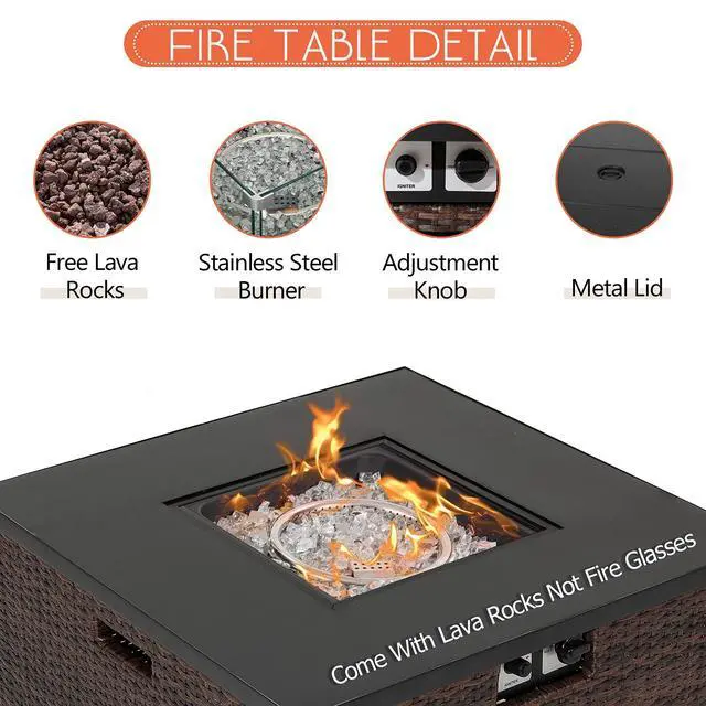 Alt view image 5 of 6 - Propane Patio Fire Pit Table, Lava Rocks and Rain Cover for Outdoor Leisure Party,40,000 BTU, Tank Outside, 32-inch Square Dark Brown Wicker Fire Table