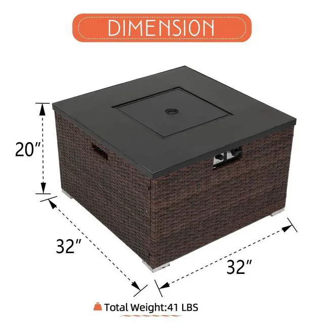 Alt view image 6 of 6 - Propane Patio Fire Pit Table, Lava Rocks and Rain Cover for Outdoor Leisure Party,40,000 BTU, Tank Outside, 32-inch Square Dark Brown Wicker Fire Table