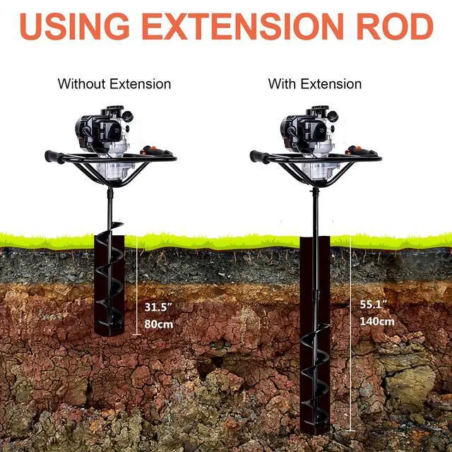 Alt view image 6 of 6 - 52cc 2.4HP Auger Post Hole Digger Gas Powered with Two Earth Auger Drill Bit 6" & 10"+ Extention Kit