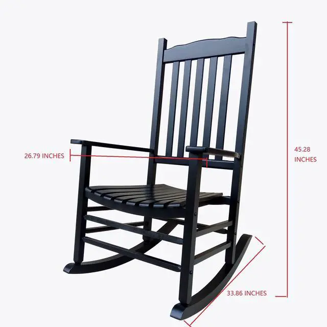 Alt view image 5 of 5 - A001BK Black Wood Porch Rocker/Outdoor Rocking Chair - Easy to Assemble - Comfortable Size - Outdoor or Indoor Use