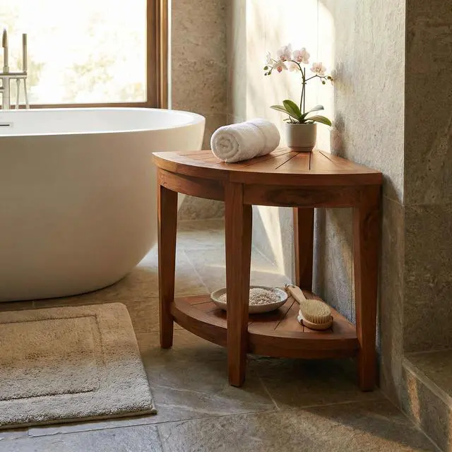 Alt view image 2 of 6 - Hanna Corner Spa Shower Stool in Solid Teak Wood, 18" H