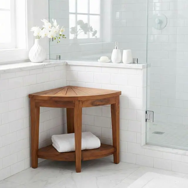 Alt view image 4 of 6 - Hanna Corner Spa Shower Stool in Solid Teak Wood, 18" H