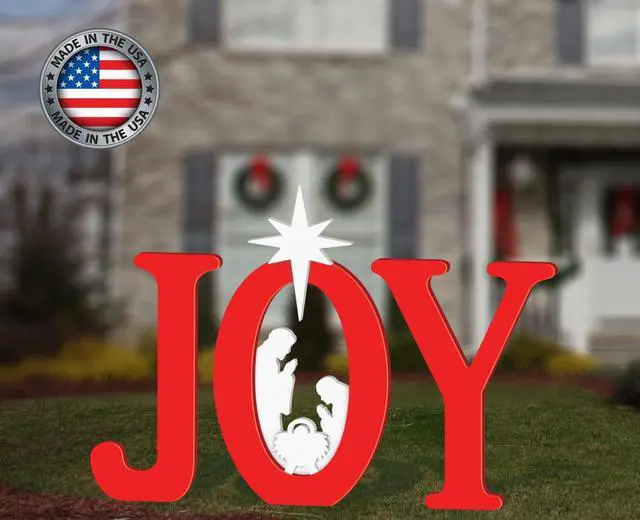 Alt view image 3 of 3 - All-Weather Red Joy Nativity, Waterproof, Made in USA, 46 inches Tall, Durable Material, Simple Assembly, Easy Storage, Yard Art Joy Nativity Set