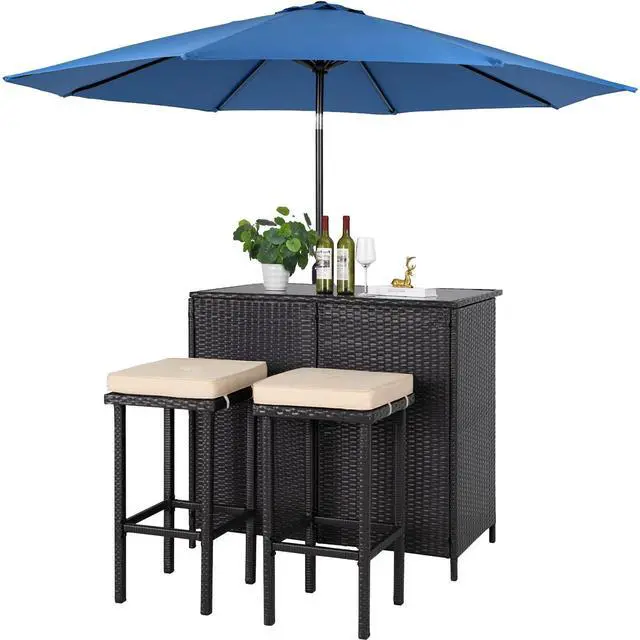 Main image of 3-Piece Outdoor Patio Bar Set Black Brown Wicker Bar Table Set Patio Furniture Set Outdoor Bar and Two Stools with Cushions and 9 FT Patio Umbrella, Dark Blue