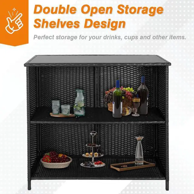 Alt view image 4 of 6 - 3-Piece Outdoor Patio Bar Set Black Brown Wicker Bar Table Set Patio Furniture Set Outdoor Bar and Two Stools with Cushions and 9 FT Patio Umbrella, Dark Blue