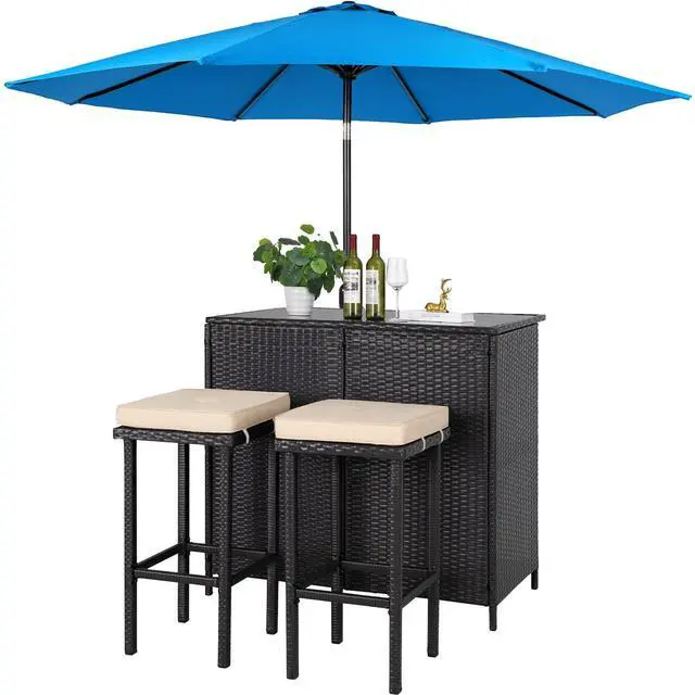 Main image of 3-Piece Outdoor Patio Bar Set Black Brown Wicker Bar Table Set Patio Furniture Set Outdoor Bar and Two Stools with Cushions and 9 FT Patio Umbrella, Sky Blue