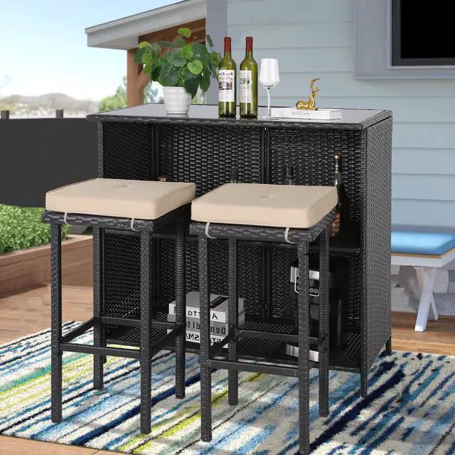 Alt view image 2 of 6 - 3-Piece Outdoor Patio Bar Set Black Brown Wicker Bar Table Set Patio Furniture Set Outdoor Bar and Two Stools with Cushions and 9 FT Patio Umbrella, Sky Blue