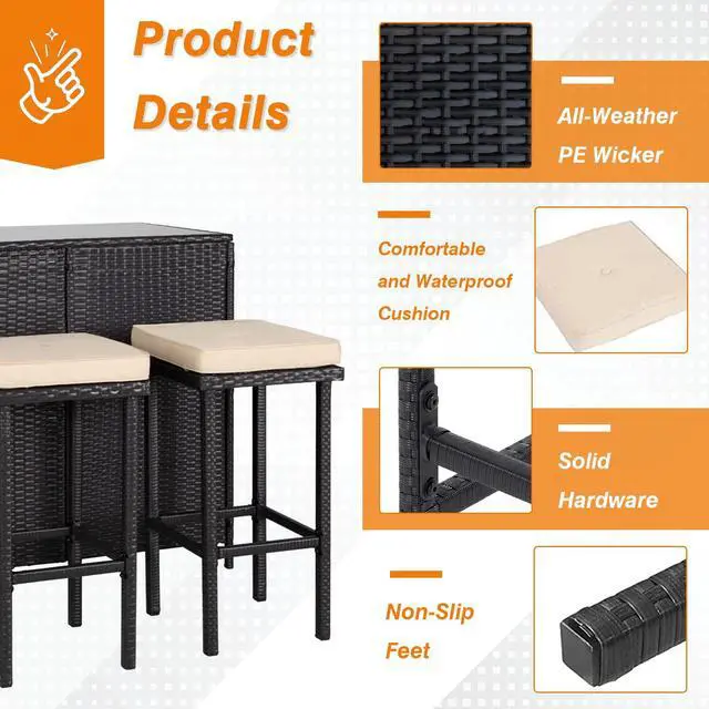 Alt view image 3 of 6 - 3-Piece Outdoor Patio Bar Set Black Brown Wicker Bar Table Set Patio Furniture Set Outdoor Bar and Two Stools with Cushions and 9 FT Patio Umbrella, Sky Blue