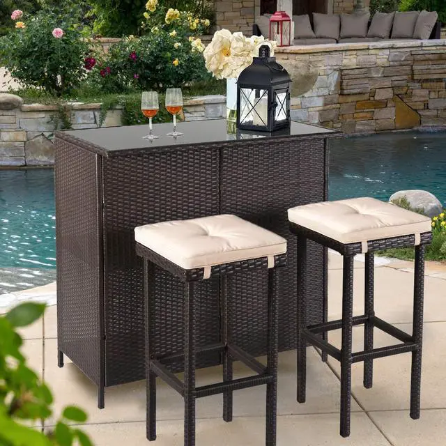 Main image of 3-Piece Outdoor Patio Bar Set Black Brown Wicker Bar Table Set Patio Furniture and Two Stools with Cushions for Backyards, Lawn, Garden or Poolside
