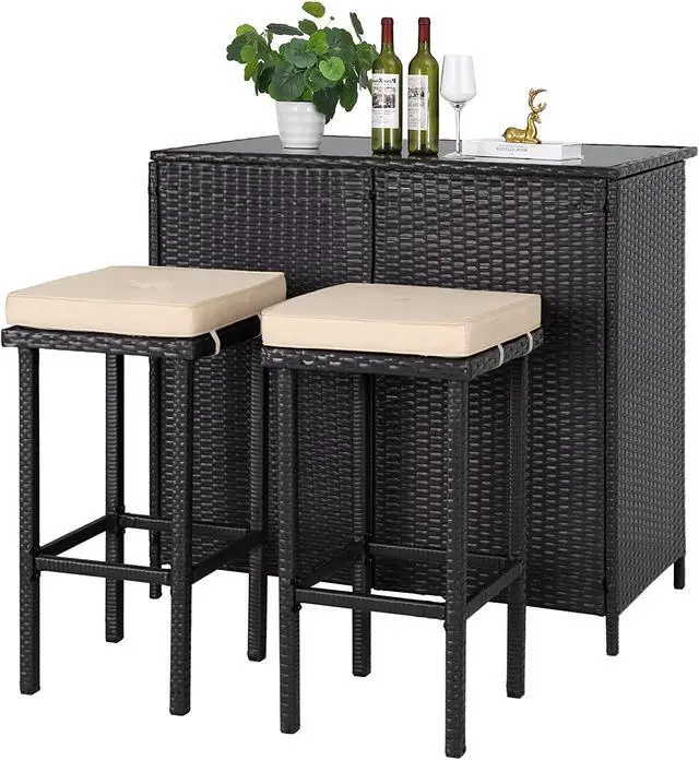 Alt view image 2 of 6 - 3-Piece Outdoor Patio Bar Set Black Brown Wicker Bar Table Set Patio Furniture and Two Stools with Cushions for Backyards, Lawn, Garden or Poolside