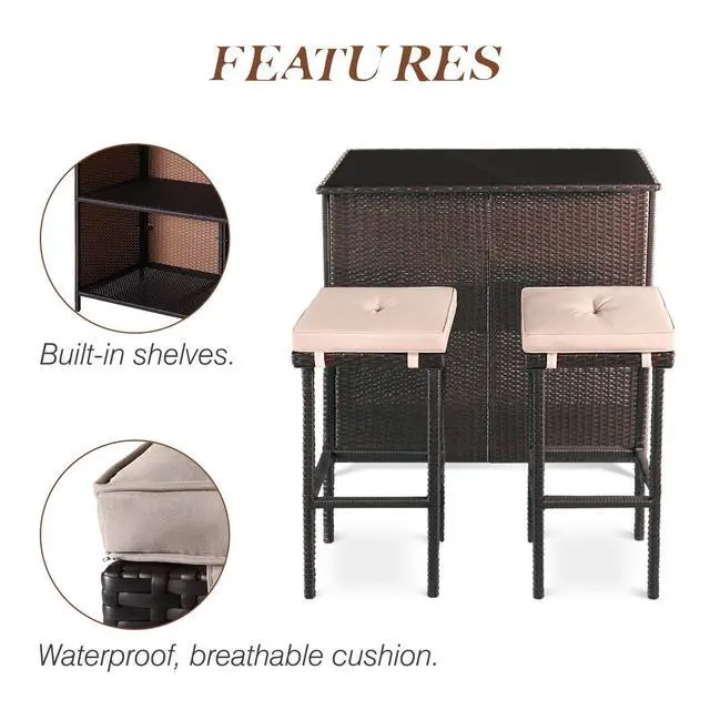 Alt view image 5 of 6 - 3-Piece Outdoor Patio Bar Set Black Brown Wicker Bar Table Set Patio Furniture and Two Stools with Cushions for Backyards, Lawn, Garden or Poolside