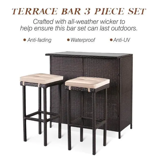 Alt view image 6 of 6 - 3-Piece Outdoor Patio Bar Set Black Brown Wicker Bar Table Set Patio Furniture and Two Stools with Cushions for Backyards, Lawn, Garden or Poolside
